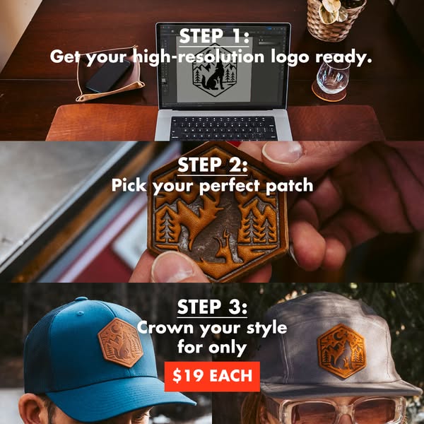 This ad illustrates a three-step process for creating a custom patch hat, highlighting the personalized and stylish aspe