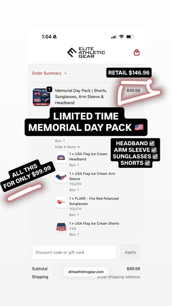 This ad features a screenshot of an online order summary from Elite Athletic Gear, promoting a limited-time Memorial Day