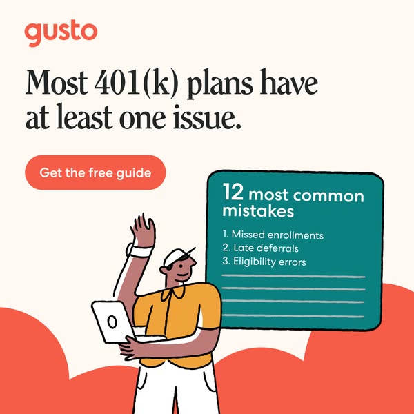 This ad from Gusto highlights a common issue with 401(k) plans and offers a free guide to help avoid mistakes.