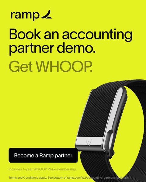 The ad is for Ramp, promoting the value of becoming a Ramp partner by offering a free year of WHOOP Peak membership.