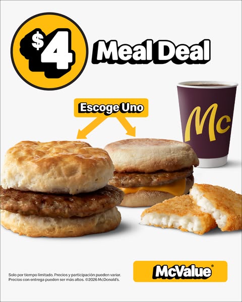 This ad for McDonald's promotes a limited-time $4 meal deal. The ad features images of two breakfast sandwiches, a h