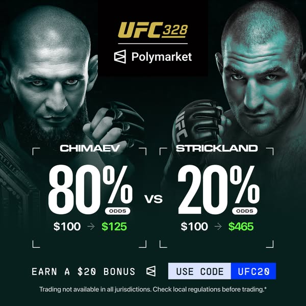 This ad for Polymarket highlights the UFC 328 event, displaying the odds for the Chimaev versus Strickland fight. It als