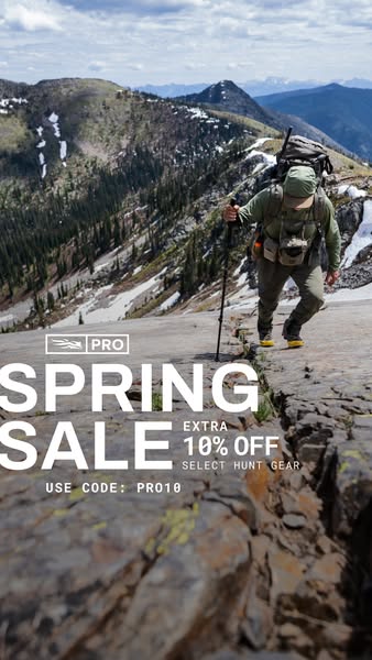 This image ad promotes a spring sale on hunt gear by an outdoors brand. The ad features a hiker on a mountain, and lists