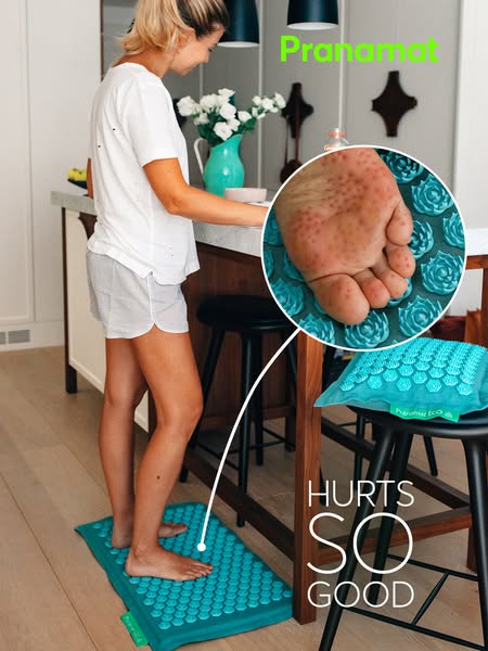 This ad features a woman standing on a Pranamat acupressure mat and pillow set. An inset image shows the underside of a 