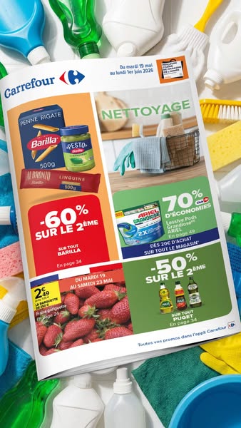This is a print ad for Carrefour. The ad features sales on pasta, cleaning supplies, and strawberries.