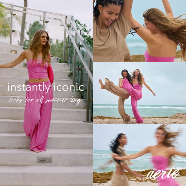 This ad for Aerie presents a series of lifestyle moments featuring models in summer clothing. It showcases the brand'