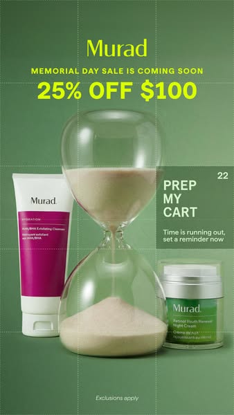 This image ad by Murad promotes a sale for Memorial Day. It highlights the upcoming sale with an image of an hourglass a