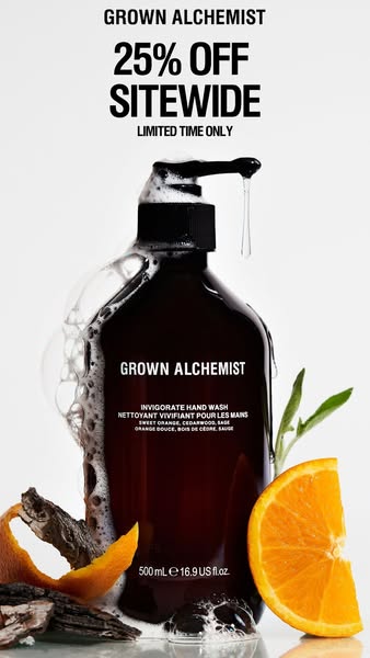 This image ad for Grown Alchemist promotes their hand wash with a limited-time 25% off sitewide offer. The image focuses