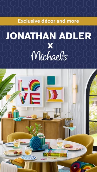This ad showcases an exclusive collaboration between Jonathan Adler and Michaels, highlighting unique decor and design i