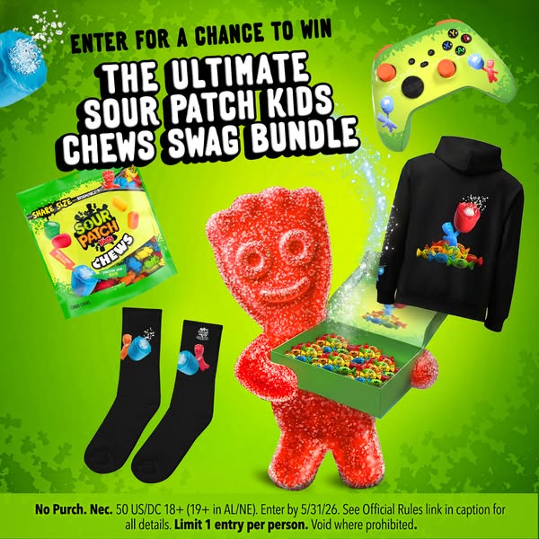 This ad promotes a contest where people can enter for a chance to win a Sour Patch Kids swag bundle. The ad features Sou