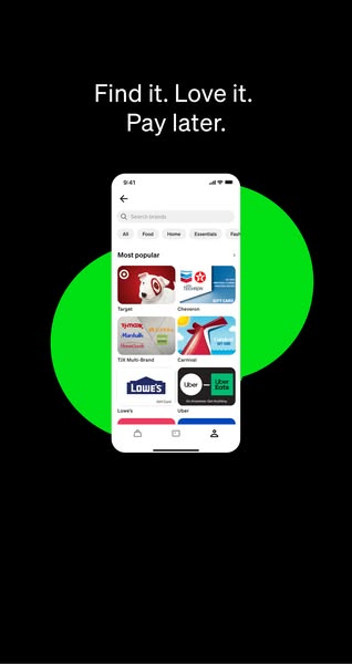 This ad promotes the usage of the featured app and the benefit of buying now and paying later by showing various retaile