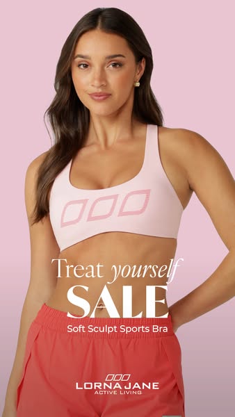This ad for Lorna Jane features a woman wearing the Soft Sculpt Sports Bra and entices shoppers with a SALE.