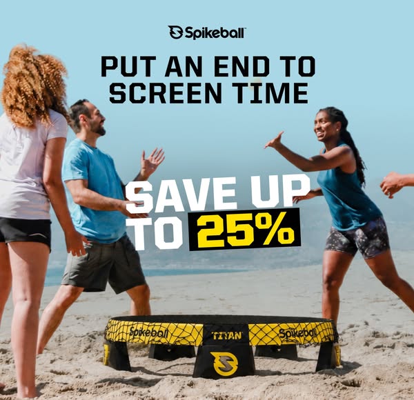 This image ad for Spikeball features three people playing the game on a beach. The ad encourages viewers to 'PUT AN 