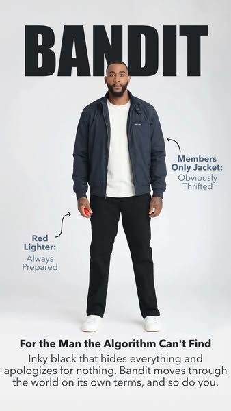 This ad highlights a Members Only jacket and Bandit clothing, emphasizing a lifestyle for the man the algorithm can'