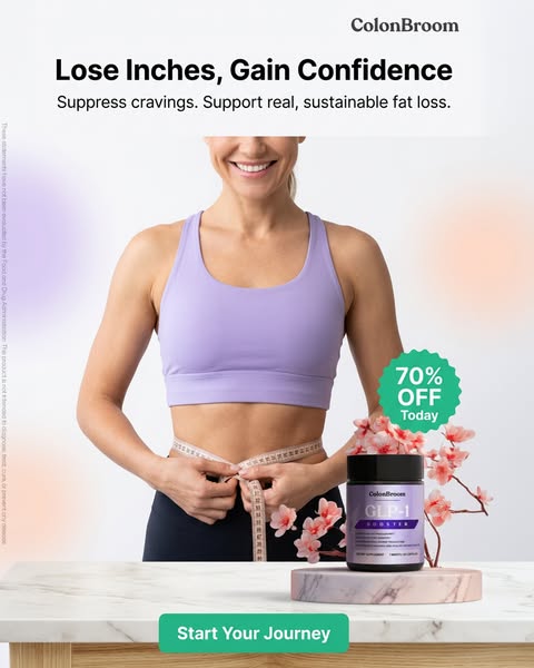 An image ad for ColonBroom's GLP-1 Booster, promoting weight loss and increased confidence. The ad features an image