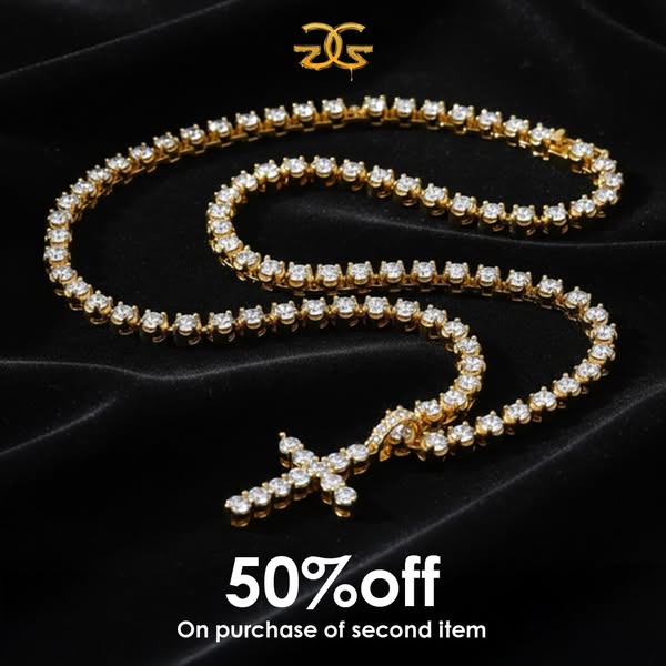 This image ad features a close-up of a gold and diamond necklace on a black velvet surface. The ad promotes a 50% discou