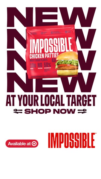 This ad promotes Impossible Chicken Patties, highlighting their availability at Target. The creative features a package 