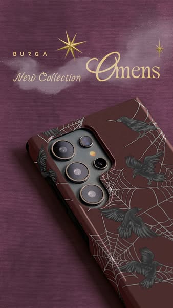 This image ad showcases a BURGA phone case from the new "Omens" collection. The case features a design with ra