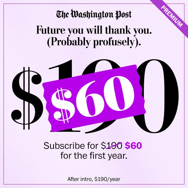 This image ad promotes a subscription to The Washington Post. It highlights a discounted price for the first year, empha