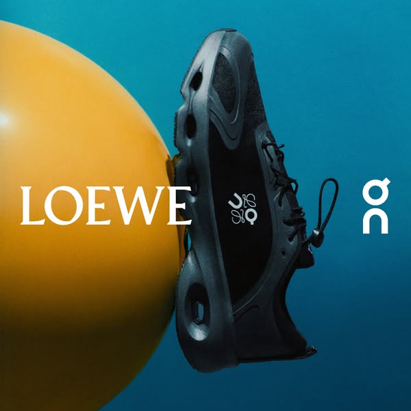 This ad showcases a collaborative shoe between the brands Loewe and On. It is a single image meant to grab attention wit