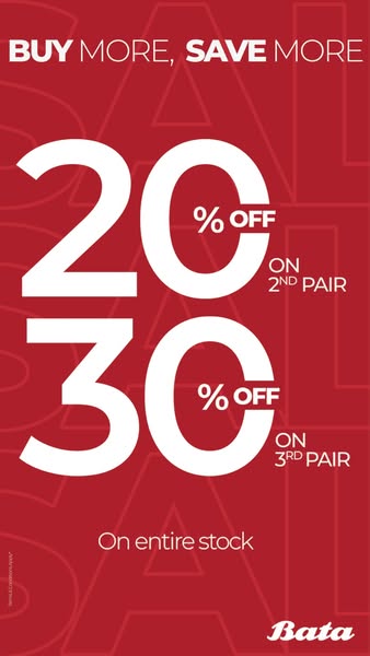 This ad promotes a sale at Bata. Customers can save 20% on their second pair of shoes and 30% on their third pair. The s