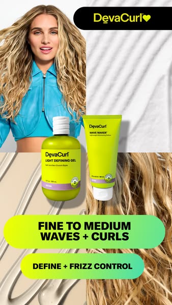 This DevaCurl image ad promotes the Light Defining Gel and Wave Maker for fine to medium waves and curls. The ad feature