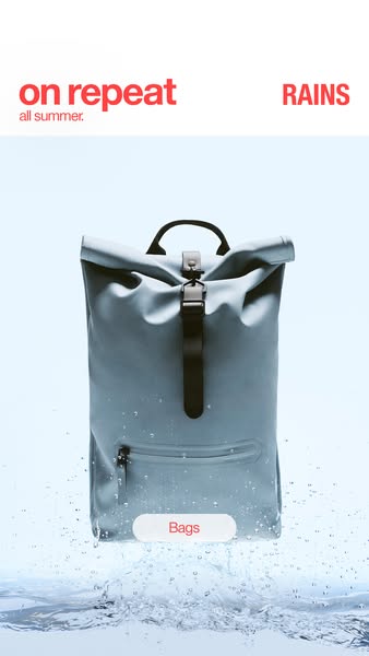 This ad showcases the Rains brand backpack with a focus on the brand and category of bags.