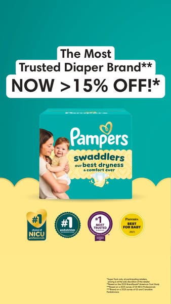 An image ad for Pampers Swaddlers diapers highlighting its trust as the number one diaper brand, and its features of dry