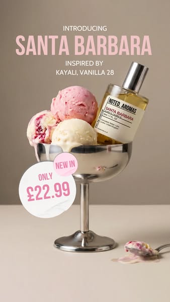 This image ad for Noted. Aromas perfume features the Santa Barbara scent, inspired by Kayali Vanilla 28. It presents the