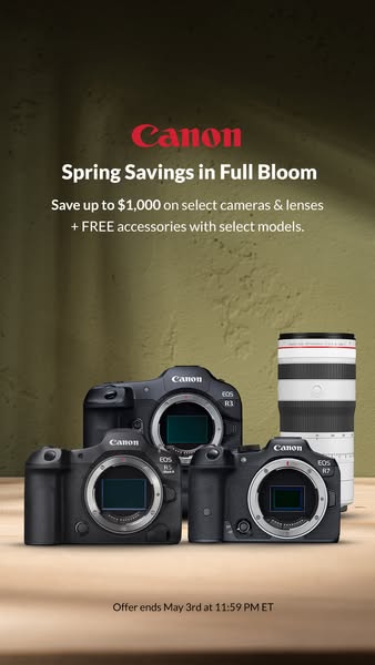 This image ad for Canon promotes Spring Savings with up to $1,000 off select cameras and lenses, plus free accessories w