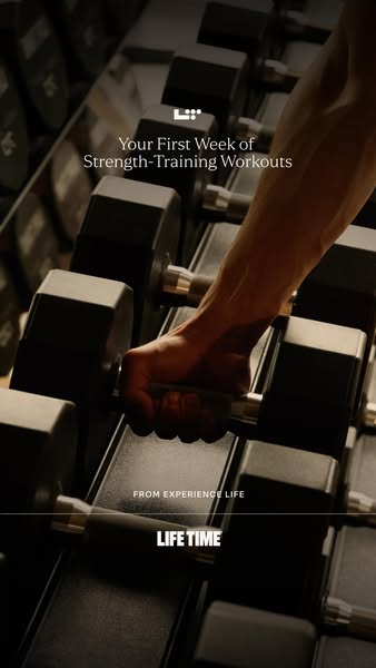 This image ad for Life Time promotes a strength training workout. The ad features a close up shot of a person's hand