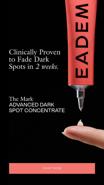 The ad promotes EADEM's Advanced Dark Spot Concentrate with a minimalistic image that includes the product, text hig