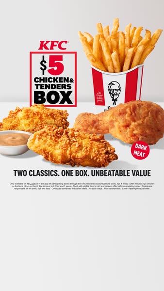 This image ad for KFC promotes a limited-time offer of the $5 Chicken & Tenders Box. It showcases the meal component