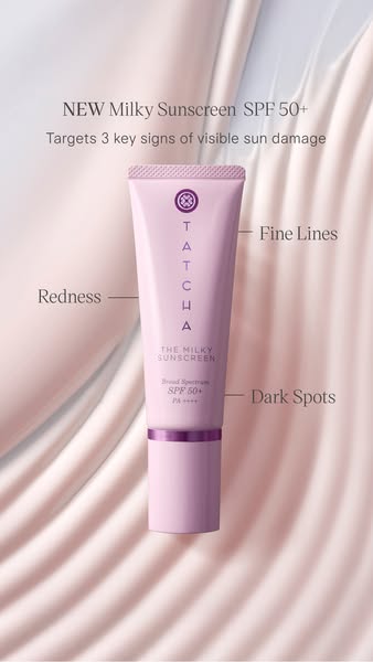This ad promotes Tatcha's Milky Sunscreen SPF 50+. The ad highlights the product's ability to target visible sun