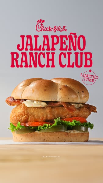 This ad is advertising the Jalapeño Ranch Club sandwich from Chick-fil-A. The sandwich is prominently displayed, and tex