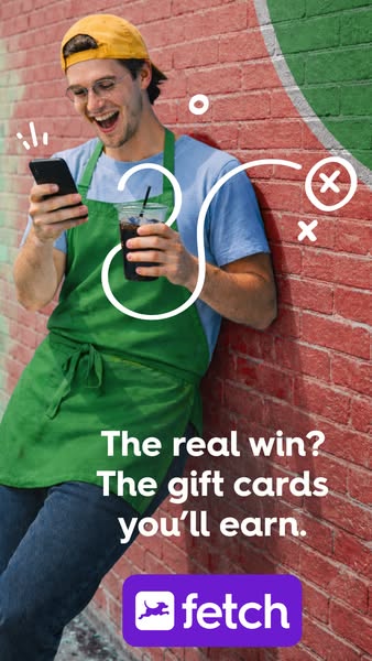 A photo ad for Fetch rewards. The ad features a man in a green apron holding a phone and a coffee drink with copy highli