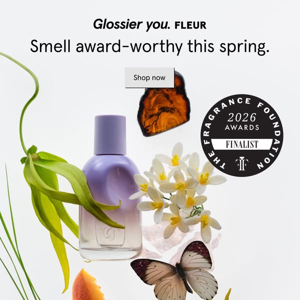 This ad showcases Glossier You Fleur edition, highlighting its award-winning fragrance and the essence of spring. It inc