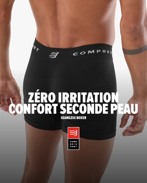 This ad showcases Compressport's seamless boxer shorts, emphasizing their comfort and irritation-free design. It tar