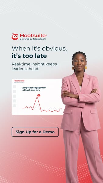 This image ad showcases Hootsuite, powered by TalkwalkerAI, emphasizing the importance of real-time insights for leaders