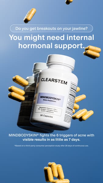An ad for CLEARSTEM's MINDBODYSKIN dietary supplement promotes the product as a solution for hormonal breakouts. The