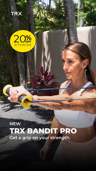 This image ad highlights the TRX Bandit Pro resistance band, emphasizing its strength-building capabilities. It also pro