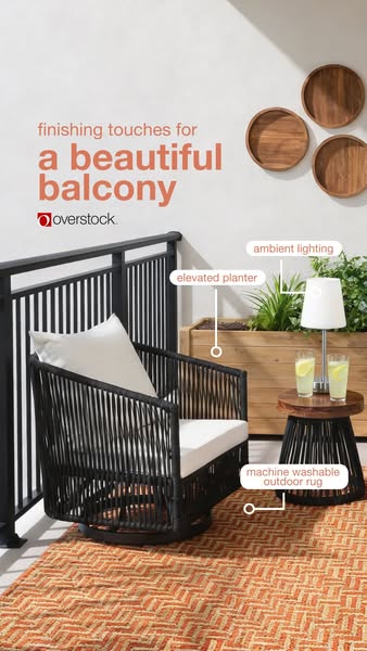 This ad showcases Overstock's collection for balcony decor, including a black woven chair, an elevated planter, ambi