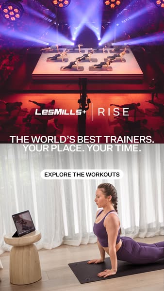 The image showcases Les Mills' on-demand fitness platform. It juxtaposes a live workout class with an individual at 