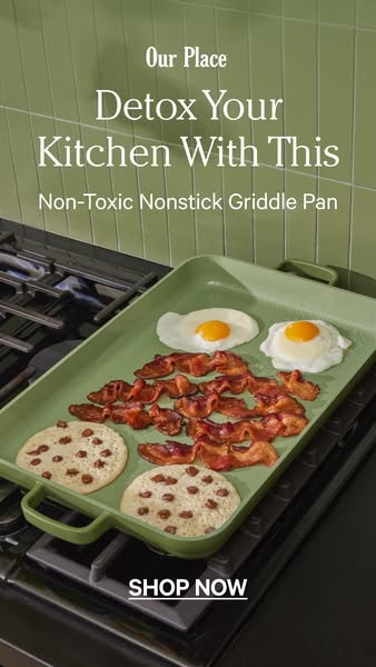 This image ad for Our Place promotes the brand's non-toxic nonstick griddle pan as a way to detox your kitchen. The