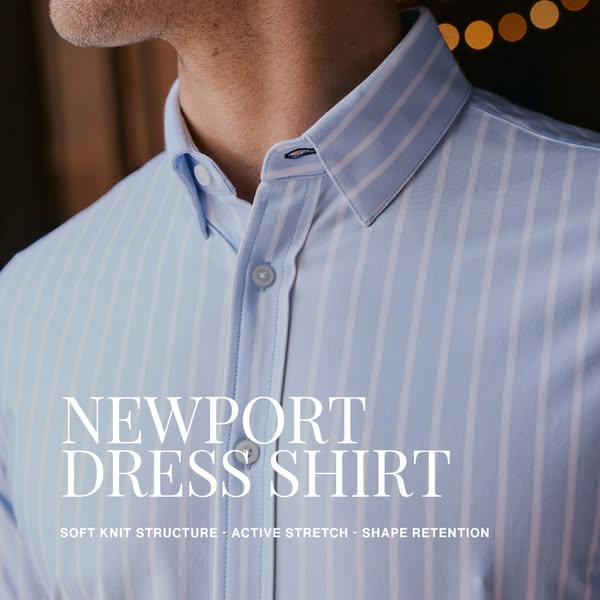 This image ad showcases the Newport Dress Shirt, highlighting its soft knit structure, active stretch, and shape retenti