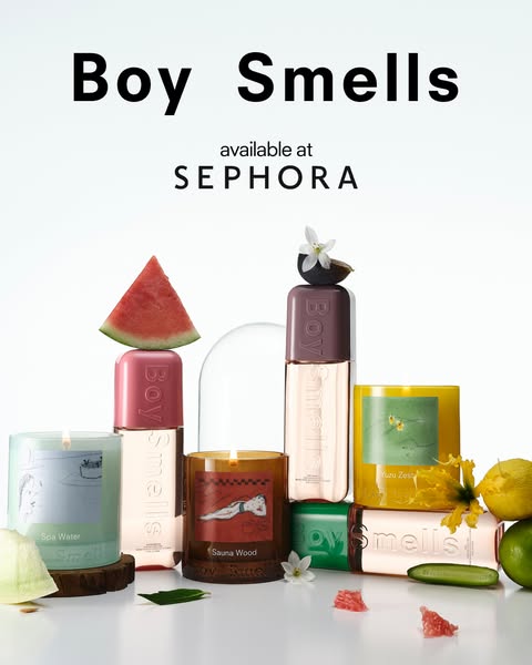 This image ad for Boy Smells promotes its candles which are available at Sephora. The ad features a variety of lit and u