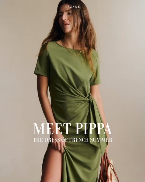 This image ad is promoting a green dress from the brand Sezane as the dress of French Summer.