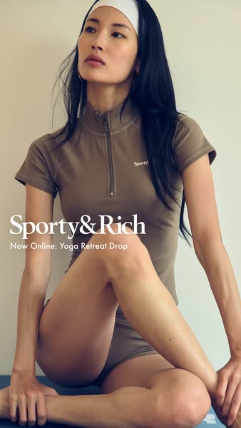 This ad showcases Sporty & Rich's new Yoga Retreat Drop with a lifestyle image of a woman in their activewear. T