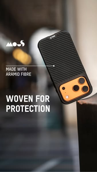 This image ad highlights the protective features of a phone case made with Aramid fiber, emphasizing its woven construct