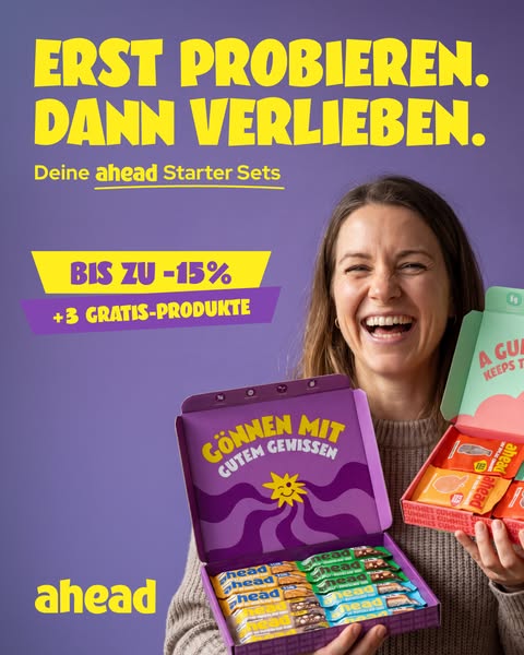 This image ad features a woman holding two "ahead" brand starter set boxes. The ad promotes trying the product
